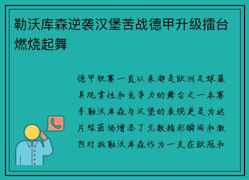 勒沃库森逆袭汉堡苦战德甲升级擂台燃烧起舞